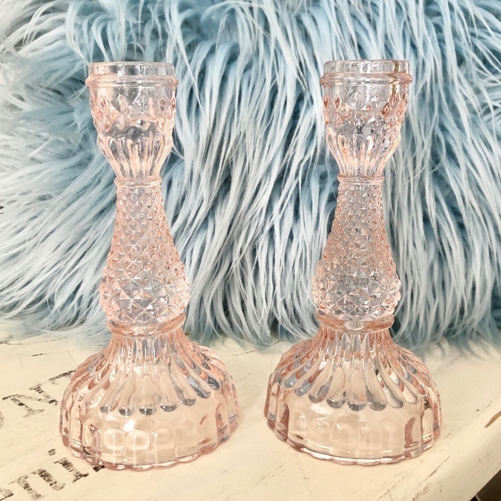 Candle Stick Holders, Taper, Pink, Glass, Set of 2, Very Nice Condition